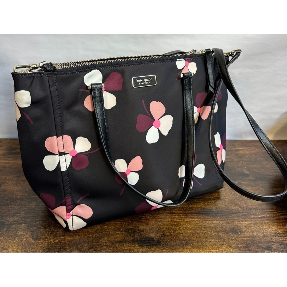 Kate Spade Dawn Dusk Buds Black Floral Nylon Satchel Tote Crossbody Bag Purse - Picture 8 of 16